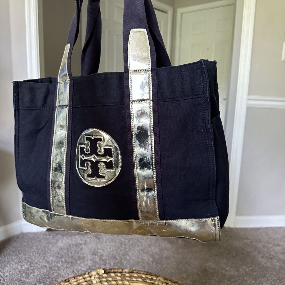 TORY BURCH Large Canvas Tote Navy Blue Shopper Bag Metallic Top Handle - Picture 10 of 16